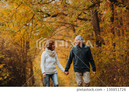Elderly couple walking hand in hand through autumn forest Elderly couple walking hand in hand through autumn forest 130851726