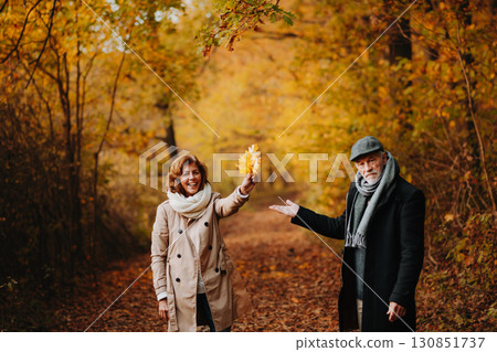 Senior man and woman enjoying a walk in fall, throwing fallen leaves. 130851737