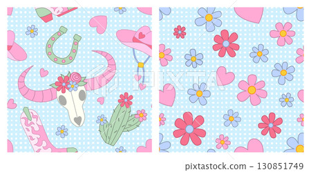 Cowgirl seamless pattern set. Cowboy western theme, cow scull, cactus, cowboy hat, boots and daisy flowers in Pink girly style. Hand-drawn cartoon print on a checkered blue background. Vector Cowgirl seamless pattern set. Cowboy western theme, cow scull, cactus, cowboy hat, boots and daisy flowers in Pink girly style. Hand-drawn cartoon print on a checkered blue background. Vector 130851749
