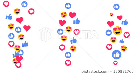 Love like emoji vector hearts stream doodle pattern with social media reaction icons colorful internet background celebration feedback post layout falling bubble comment confetti sticker set Love like emoji vector hearts stream doodle pattern with social media reaction icons colorful internet background celebration feedback post layout falling bubble comment confetti sticker set 130851763