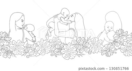 Mothers with children seamless border. Mom, babies, anemone flower banner. Graphic line art illustration for Mother's Day holiday, maternity hospital design, website, motherhood psychological article 130851766