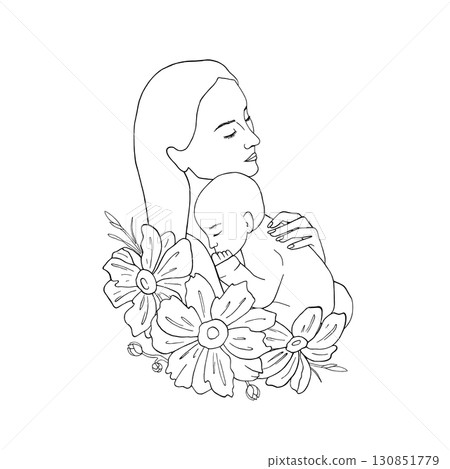 Mother hugs child line art. Bud of anemone flower card on Mother's Day. Mom holds baby graphic vector illustration. Motherhood concept. Postcards, maternity hospital design, article, children product 130851779