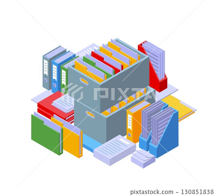 Isometric office folders. Big plastic boxes with work documents. Bright paper folder for papers, sheets. Corporate docs, archive files, nifty vector scene Isometric office folders. Big plastic boxes with work documents. Bright paper folder for papers, sheets. Corporate docs, archive files, nifty vector scene 130851838