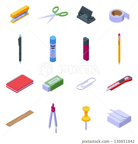 Isometric office school supplies. Isolated stationery icons, pen pencil scissors tape. Different tools for office work, for writing and drawing, nifty vector set 130851842