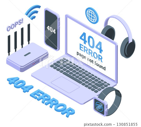 404 lost page. Wifi internet broken isometric concept. Technology network error, laptop smartphone smart watch dont working, nifty vector scene 130851855