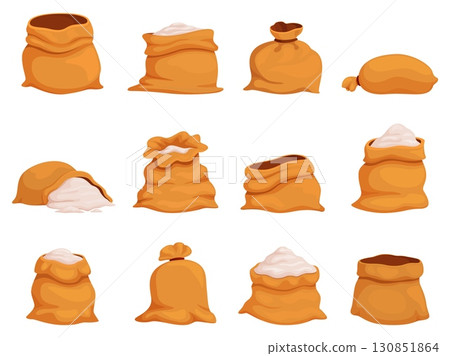 Cartoon flour bags. Full and empty textile bag with porridge, sugar, salt or other bulk products. Harvest sacks, farming agriculture sapid vector elements Cartoon flour bags. Full and empty textile bag with porridge, sugar, salt or other bulk products. Harvest sacks, farming agriculture sapid vector elements 130851864