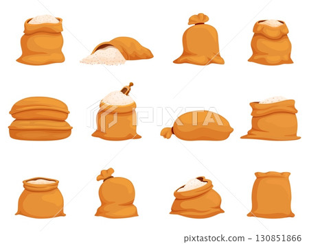 Cartoon rice bags isolated. Textile bag with grains harvest, agriculture elements. Various packs for grain, sackful in piles, close and open, sapid vector set 130851866