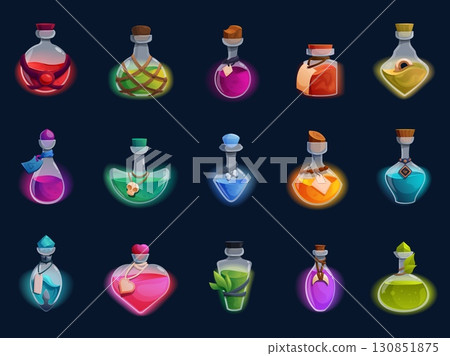 Witch potion glass vials. Game poison bottles, magic liquids. Vintage bottle with labels bones skulls, halloween decoration design, sapid vector set 130851875