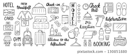 Doodle hotel lettering. Motel equipment, interior accessories. Bathroom bedroom tools, toilet paper, slippers, key. Hostel neoteric vector icons 130851880