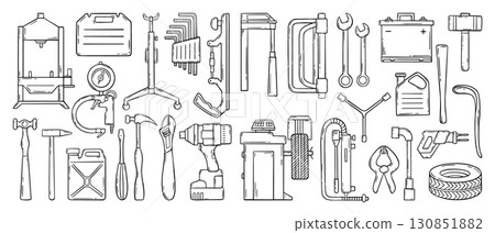 Doodle car service. Hand drawn auto service icons, mechanic equipment canisters tires drill battery sketch design. Repair neoteric vector set 130851882