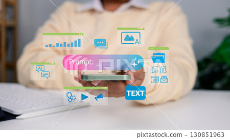 AI Prompt Engineering Concept with Digital Technology Icons on Smartphone AI Prompt Engineering Concept with Digital Technology Icons on Smartphone 130851963