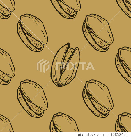 Vector line art seamless pattern of pistachio. Hand painted nuts on pastel beige background. Tasty food illustration for design, print, fabric or background. 130852421