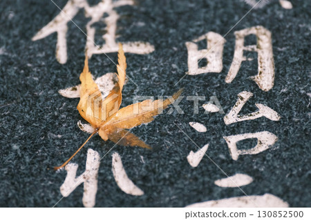 Autumn scenery with fallen leaves and Japanese-style stone monuments 130852500