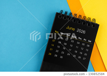 Black calendar for June 2026 on multi color background. Black calendar for June 2026 on multi color background. 130852584