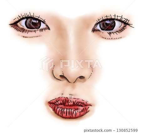 Pen drawing illustration of a woman pursing her lips Pen drawing illustration of a woman pursing her lips 130852599