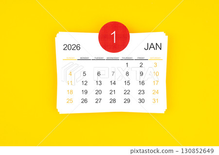 January 2026 card calendar on yellow color background. 130852649