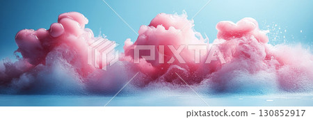 An abstract background shows pink ink floating and mixing in light blue water, creating an ethereal, dreamy atmosphere of color and fluid motion, banner 130852917