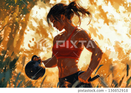 A muscular woman performing a high-intensity kettlebell swing outdoors, her strong physique and perfect form illuminated by warm sunlight, with a dynamic natural environment in the background 130852918