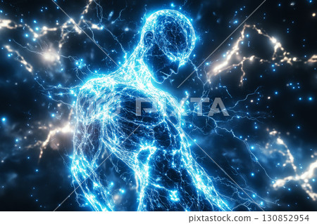 An artistic portrayal of neural connections in the human body, featuring glowing nodes representing synapses and vibrant, fluid lines flowing dynamically, evoking movement and communication 130852954