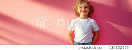 Adorable kid poses happily in a blank white t-shirt and trousers, surrounded by a pastel pink background, offering a stylish and fun mock-up template, banner 130852995