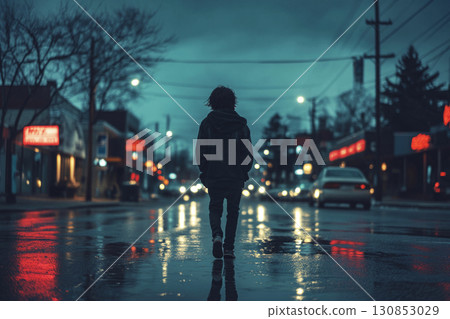 A sad teenager walks down an empty street at dusk, hands in pockets and head down, with dim streetlights casting shadows on the wet pavement and a darkening sky, reflecting teenage struggles 130853029