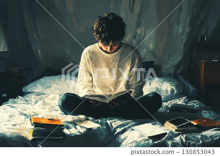 A lonely teenager sits on a bed in a dimly lit room, with scattered books and a phone nearby, withdrawn and pensive, surrounded by soft shadows and muted colors evoking quiet sadness 130853043