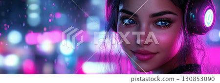 A cyber-inspired high-tech image of a smiling Arabian girl wearing headphones, set against a glowing neon backdrop, radiating modernity, elegance, and a trendy digital aesthetic, banner 130853090