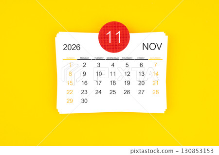 November 2026 card calendar on yellow color background. November 2026 card calendar on yellow color background. 130853153