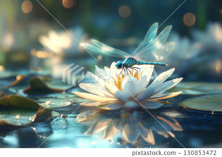 A vibrant scene of a dragonfly resting on a white water lily in the middle of a peaceful pond. The delicate wings and serene water capture nature beauty and harmony 130853472