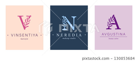 Logo V, N, capital letter A. Monogram of Botanical Minimalistic, Initial. with Organic Plant Elements. Logo V, N, capital letter A. Monogram of Botanical Minimalistic, Initial. with Organic Plant Elements. 130853684