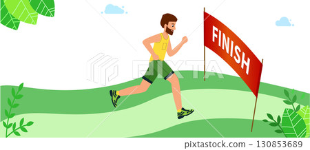 Runner wins the marathon, the finish line. The concept of achieving goals. Runner wins the marathon, the finish line. The concept of achieving goals. 130853689