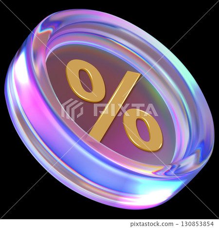 3D holographic iridescent glass coin with percentage sign, vector discount special offer coupon crystal chip 130853854