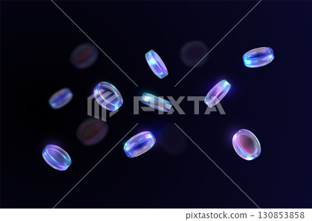 3D vector realistic holographic iridescent glass coins falling, transparent game token, casino chip, crystals on dark 130853858
