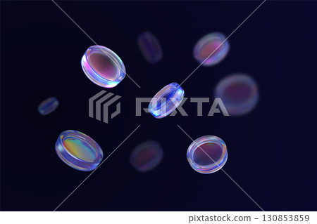 3D vector realistic holographic iridescent glass coins flying, transparent crystal token, casino chip on dark background 130853859