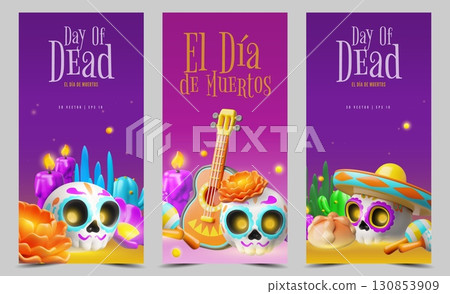 Dia de Los Muertos day 3D design vector set, Mexican Day of the dead symbols, Calavera painted sugar skull, marigold 130853909