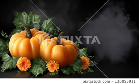 Vibrant Orange Pumpkins, Green Leaves, and Flowers on a Dark Misty Background 130853911