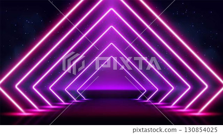 Abstract neon purple diamond frame with tunnel effect, on dark background with particles. Abstract neon purple diamond frame with tunnel effect, on dark background with particles. 130854025