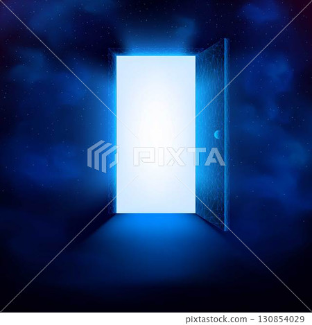 Open door, blue neon color, with mesh pattern and bright white light, on dark background with smoke effects and glowing particles. Open door, blue neon color, with mesh pattern and bright white light, on dark background with smoke effects and glowing particles. 130854029