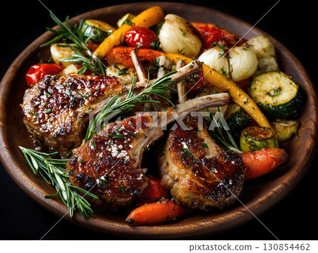 Succulent lamb chops served with roasted vegetables and fresh herbs 130854462