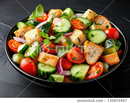 Panzanella salad with chunks of rustic bread, tomatoes, cucumbers, red onions 130854467