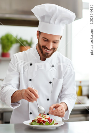 A chef dressed in a white uniform garnishes food with fresh ingredients 130854483