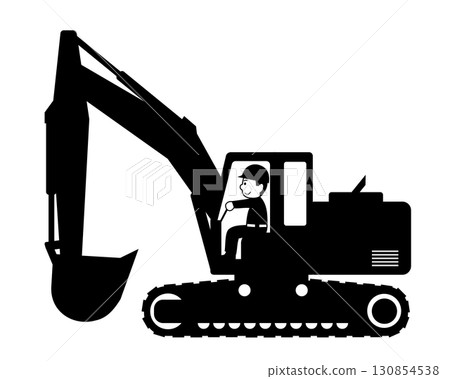 一名男工人駕駛鏟車(液壓挖土機)的黑白剪影 一名男工人駕駛鏟車(液壓挖土機)的黑白剪影 130854538