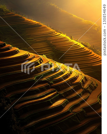 Golden Rice Terraces Sunrise Landscape Scenic View Nature Asia Dawn Calm Paddy Green Rural China 130854649