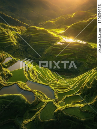 Golden Sunrise Bathes Lush Green Rice Terraces Stunning Landscape View eco asia rays hills rural 130854658