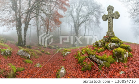 Stone Cross Autumnal Forest Mystical Foggy Landscape Scenic View Red Moss Fall Wood Path Hill Calm 130854710