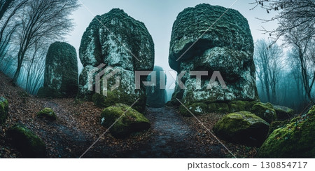 Mysterious Mossy Rocks Enigmatic Forest Path Nature Scene fog old mist dark view wild calm dark deep 130854717