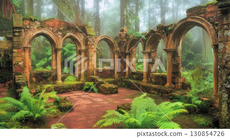 Ancient Stone Ruins Enveloped in Lush Green Forest Mystical Foggy Atmosphere Tranquil Serene Nature 130854726