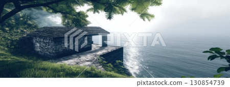 Serene Stone Cottage Ocean View Tranquil Coastal Landscape Peaceful Morning Mist Scenic Summer 130854739