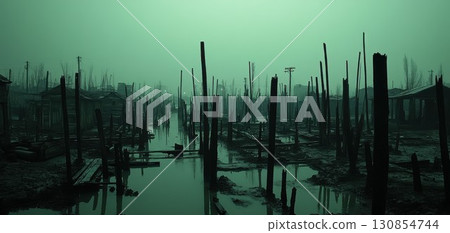 Eerie Green Swamp Landscape Dark Moody Abandoned Village Scene fog old mist wood calm water poles 130854744