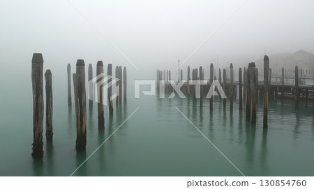 Misty Venice Pier Wooden Poles Foggy Water Scenic View Sea Day Old Calm Grey Blue Dock Port Italy 130854760